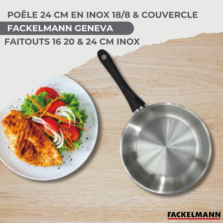 Batterie de cuisine avec 1 poêle 24 cm et 3 faitouts 16/20/24 cm sans PFAS Fackelmann Généva Brillant avec couvercles