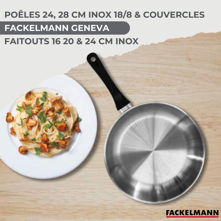 Batterie de cuisine avec 2 poêles 24/28 cm et 3 faitouts 16/20/24 cm sans PFAS Fackelmann Généva Brillant avec couvercles