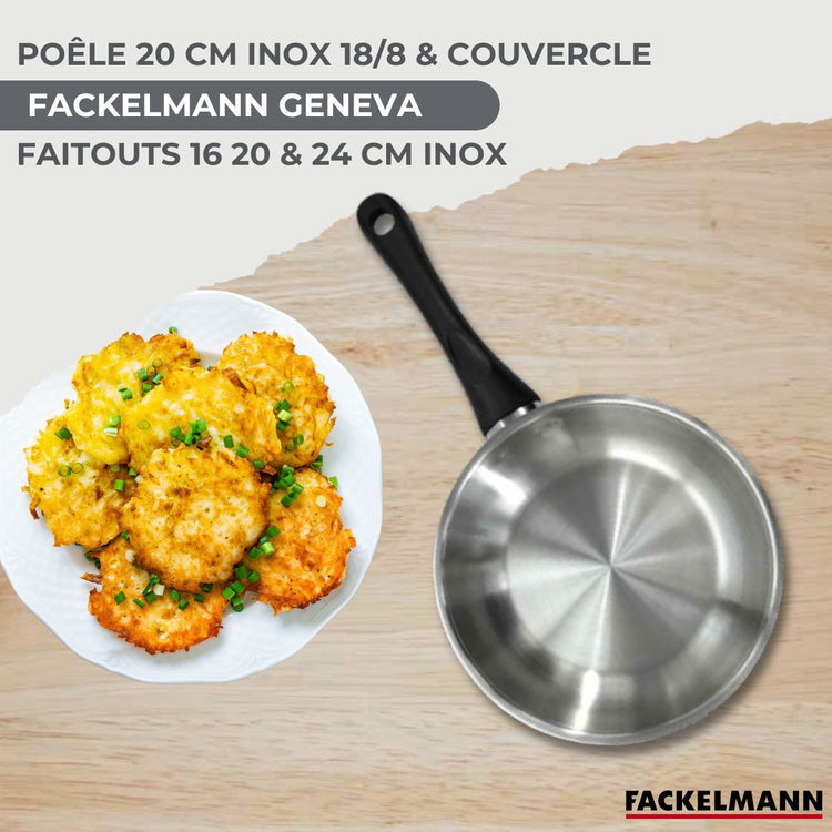 Batterie de cuisine avec 1 poêle 20 cm et 3 faitouts 16/20/24 cm avec 7 ustensiles de cuisine Fackelmann Généva Brillant Oxford avec couvercles