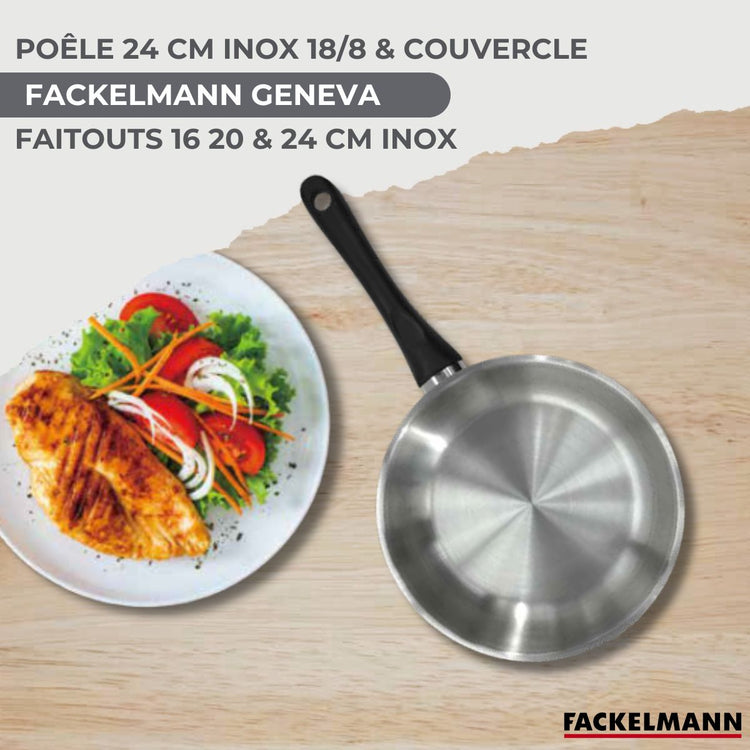 Batterie de cuisine avec 1 poêle 24 cm 3 faitouts 16/20/24 cm et 7 ustensiles de cuisine sans PFAS Fackelmann Généva Brillant Oxford avec couvercles