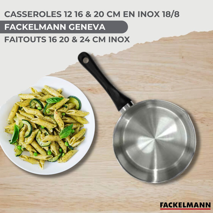 Batterie de cuisine avec 3 casseroles 12/16/20 cm et 3 faitouts 16/20/24 cm avec 6 ustensiles de cuisine sans PFAS Fackelmann Généva Brillant Oxford