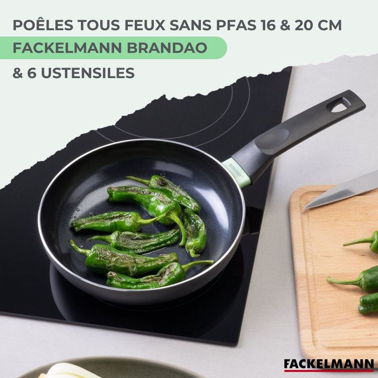 Ensemble de 2 poêles de 16 et 20 cm et 6 ustensiles Fackelmann Brandao