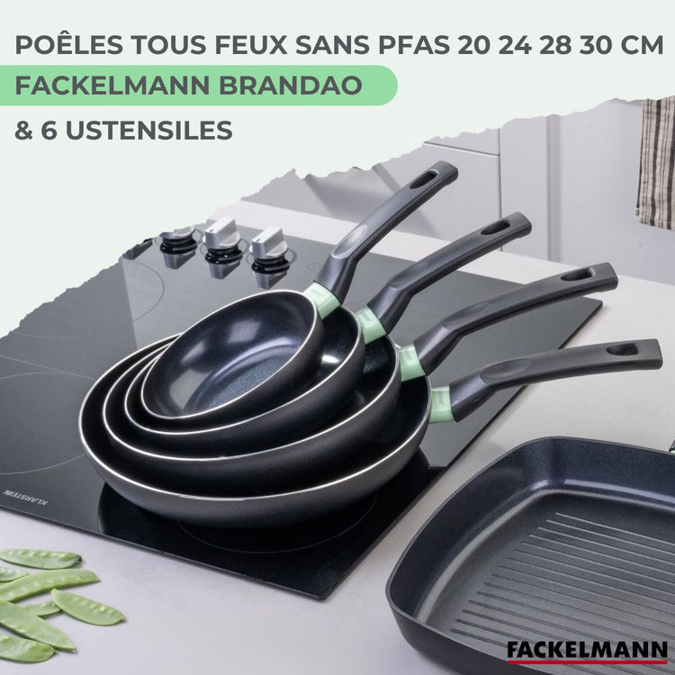 Ensemble de 4 poêles de 20 24 28 et 30 cm et 6 ustensiles Fackelmann Brandao