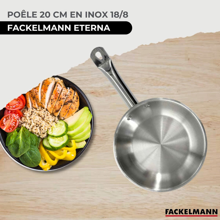 Set de 1 poêle de 20 cm en inox 1 couvercle en verre et 6 ustensiles Fackelmann Eterna