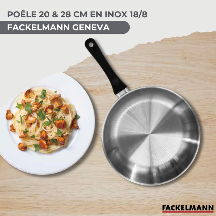 Set 2 poêles 20 et 28 cm en inox, couvercle verre et 6 ustensiles inox Fackelmann Geneva