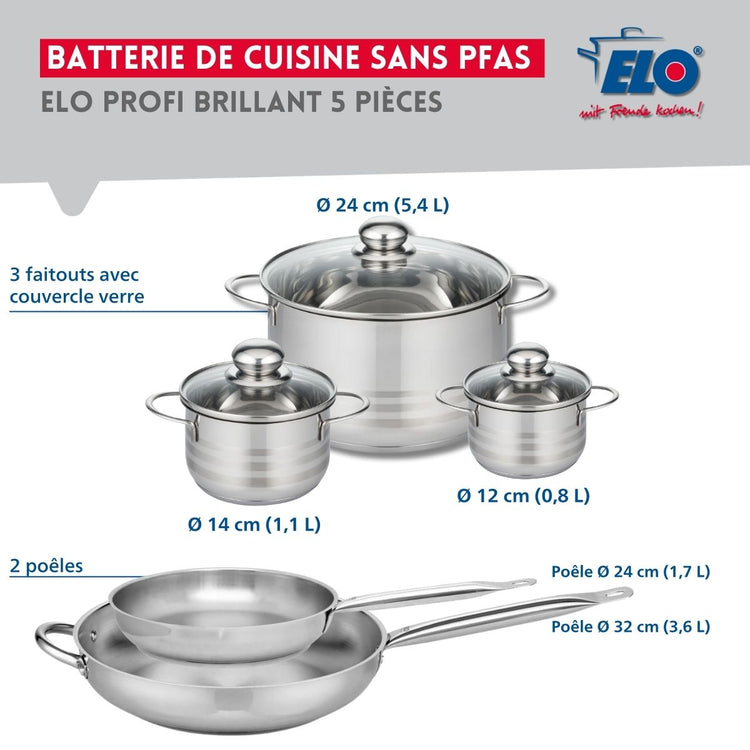 Ensemble de 2 Poêles de cuisson 24 et 32 cm et 3 faitouts 12, 14 et 24 cm Elo Profi Brillant