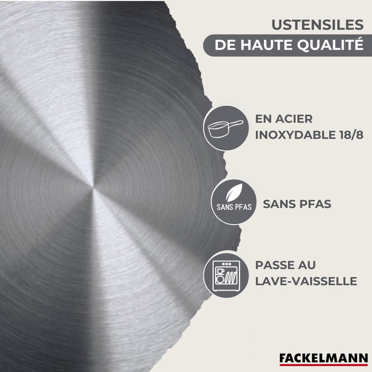Lot de 2 Poêles Inox 24/28 cm et 3 Casseroles 12/16/20 cm Fackelmann Geneva avec 5 ustensiles