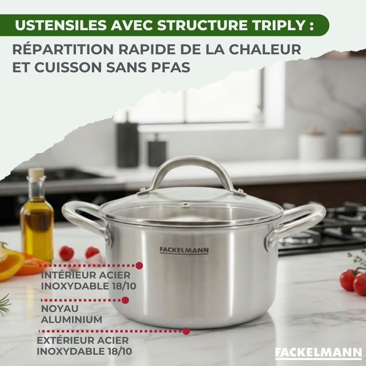 Batterie de cuisine avec 2 casseroles 16/18 cm et 1 faitout 20 cm avec 2 poêles 24/26 cm et 1 ustensiles de cuisine Fackelmann Vita3