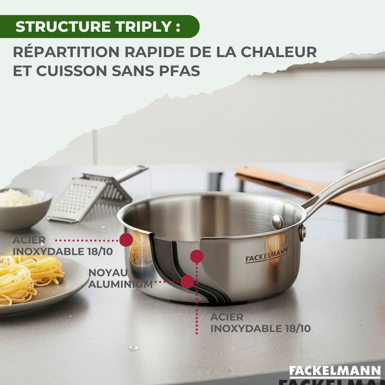 3 Casseroles 14 16 et 18 cm inox 18/10 Triply Fackelmann Vita3