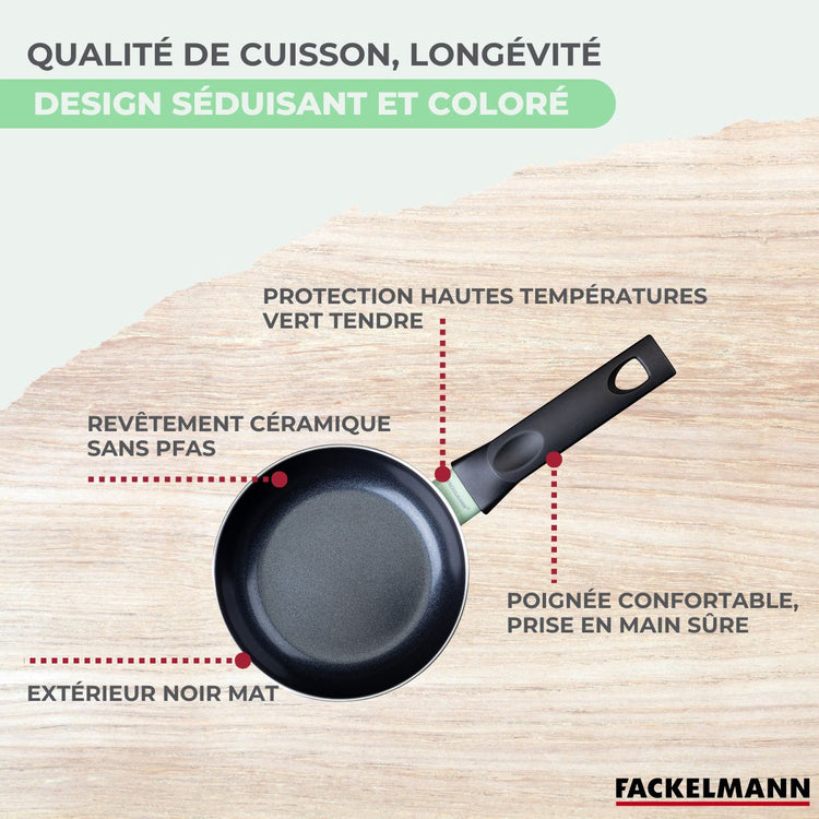 Batterie de cuisine avec 1 poêle 20 cm et 3 casseroles 16/18/20 cm sans PFAS et 5 ustensiles de cuisine Fackelmann Brandao Océan