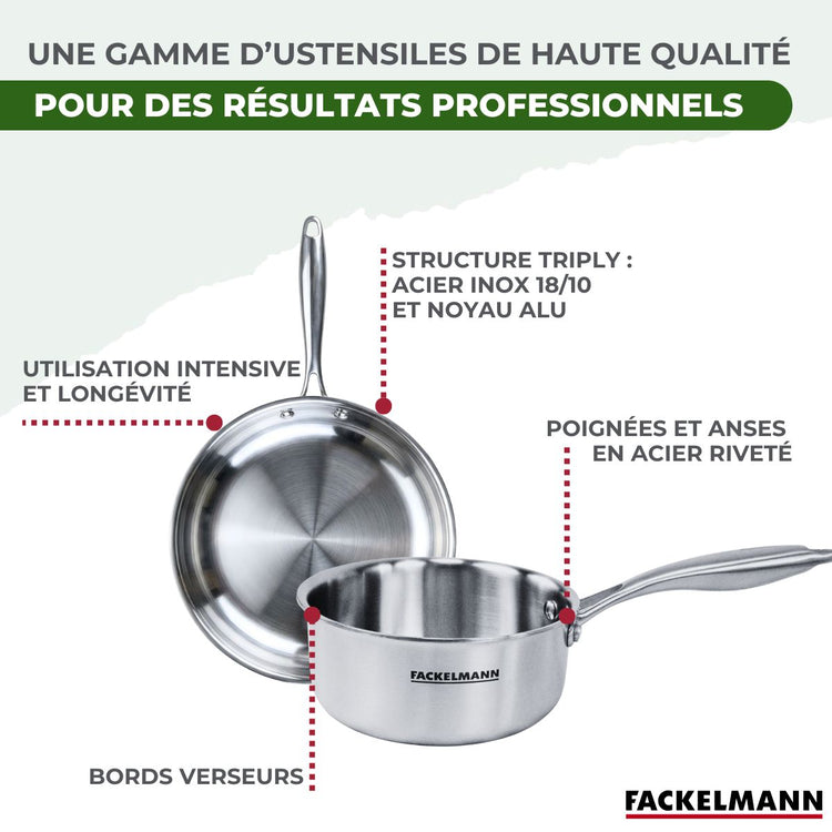 Batterie de cuisine avec 4 poêles 20/24/26/28 cm et 2 casseroles 14/18 cm avec 1 couvercle de cuisson universel sans PFAS Fackelmann Vita3