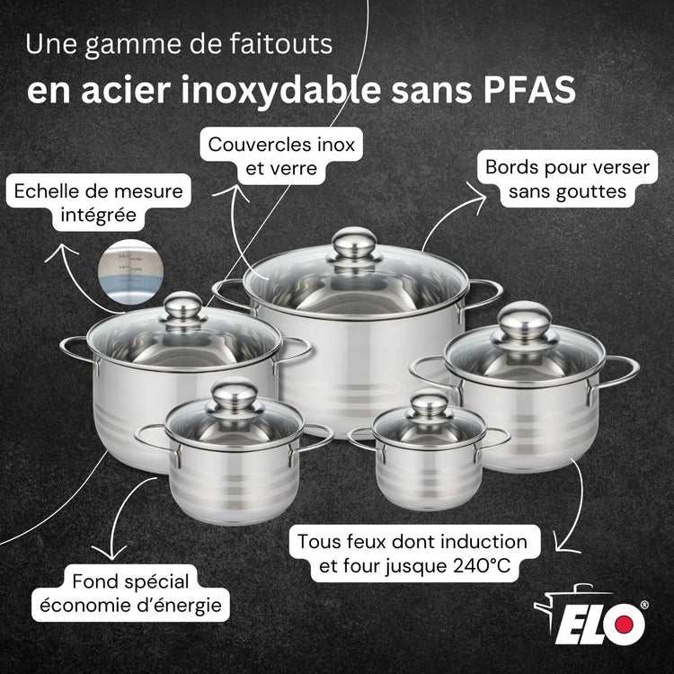 Batterie de cuisine avec 2 poêles de cuisson 24/32 cm et 1 faitout 12 cm en acier inoxydable sans PFAS Elo Collection Relief Solution Brillant