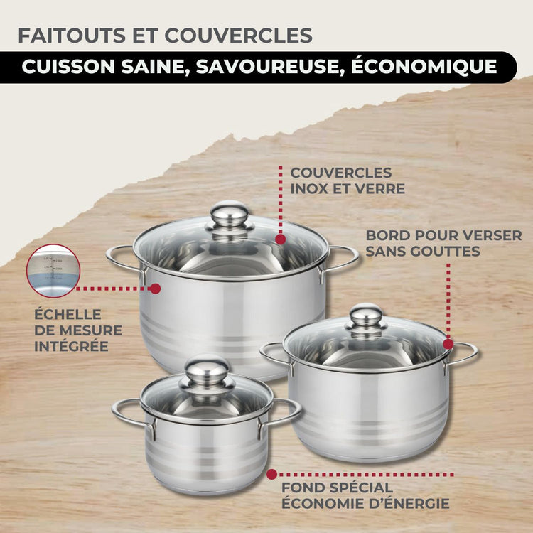 Batterie de cuisine avec 3 faitouts 16/20/24 cm et 1 poêle 24 cm avec 6 ustensiles de cuisine Fackelmann Etherna Brillant Clip avec couvercles