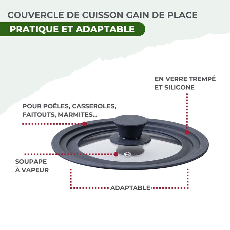 Batterie de cuisine avec 2 poêles 26/28 cm et 2 casseroles 14/18 cm avec 1 couvercle de cuisson universel sans PFAS Fackelmann Vita3