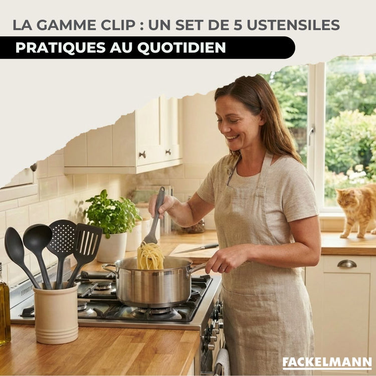 Batterie de cuisine avec 3 faitouts 16/20/24 cm et 3 poêles 20/24/28 cm avec 5 ustensiles de cuisine sans PFAS Fackelmann Etherna Brillant Clip