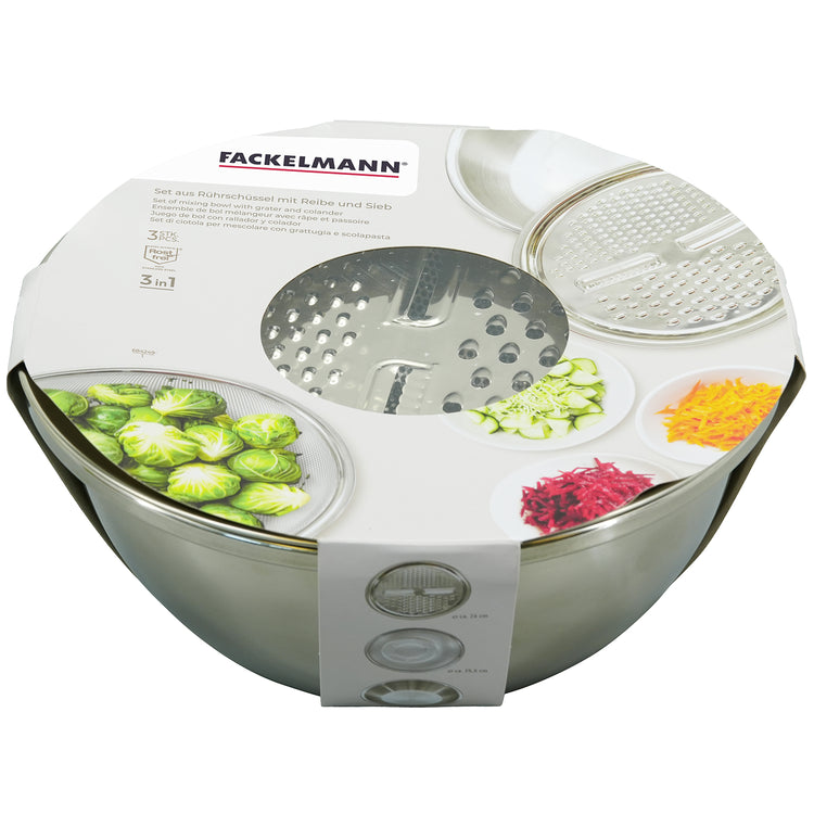 Set 3 en 1 Bol à Mixer, Râpe et Passoire 26 cm Fackelmann