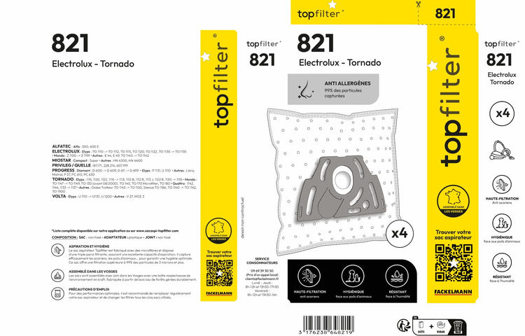 Lot de 4 sacs aspirateur pour Tornado et Electrolux TopFilter Premium