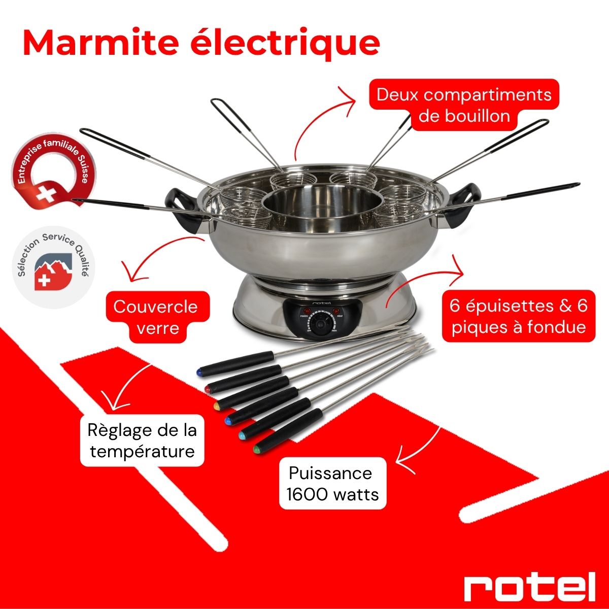Appareil à fondue chinoise 2 compartiments avec fourchettes et passoires Rotel