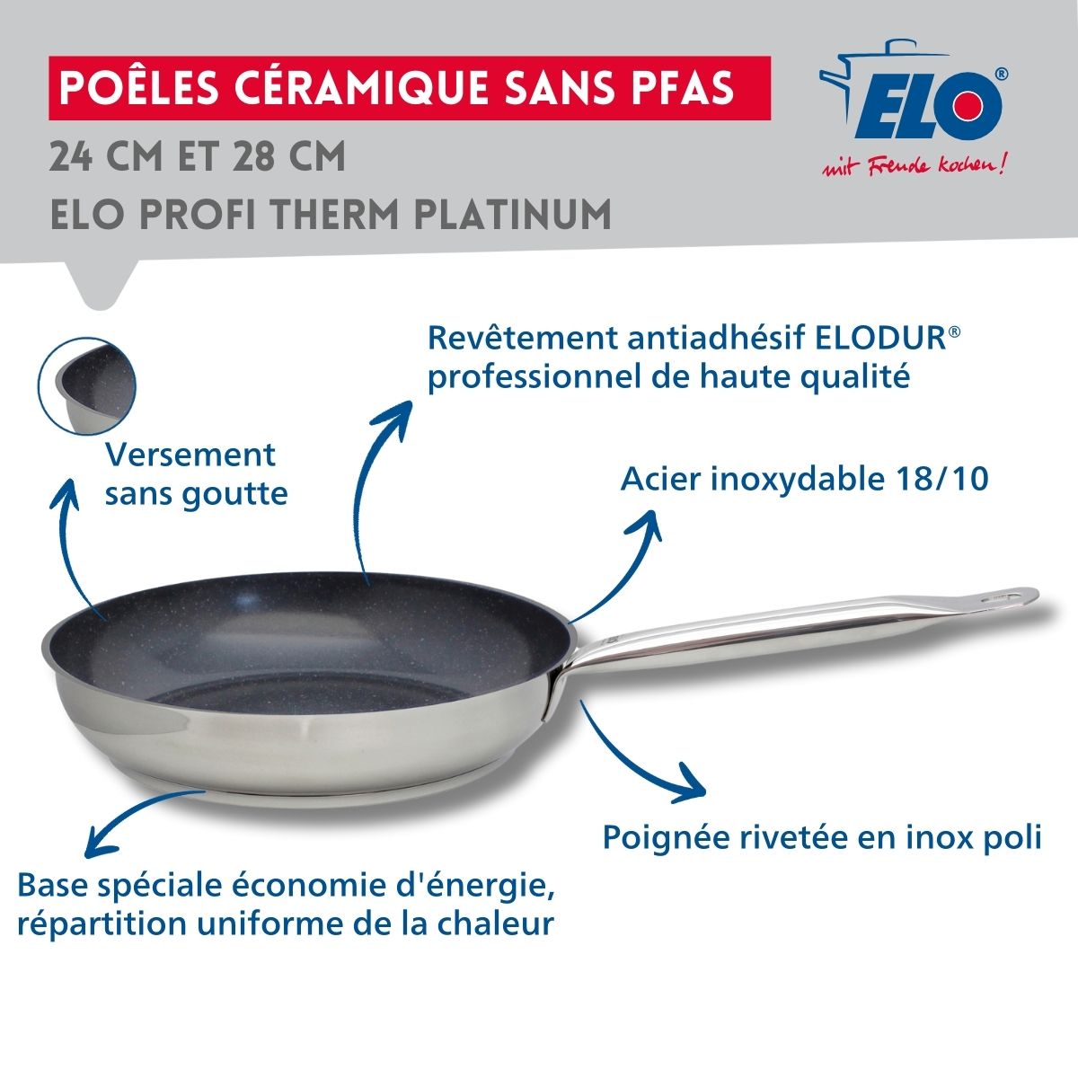Set de 3 Poêles de cuisson avec revêtement céramique sans PFAS 24 cm, 28 cm et 32 cm Profi Therm Platinum Elo