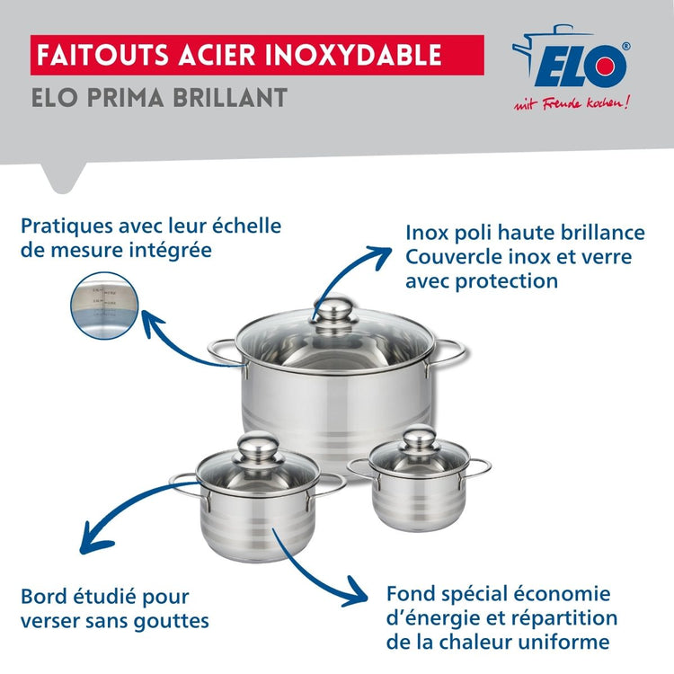 Ensemble de 2 Poêles de cuisson 24 et 32 cm et 3 faitouts 12, 14 et 24 cm Elo Profi Brillant