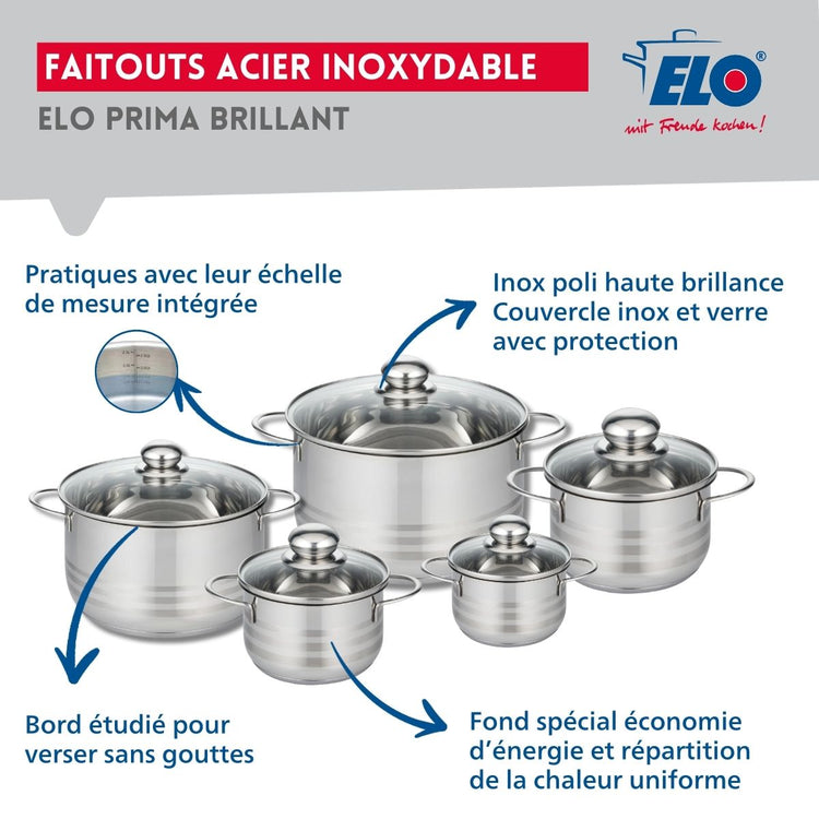 Ensemble de 2 Poêles de cuisson 24 et 32 cm et 5 faitouts 12, 14, 16, 20 et 24 cm Elo Profi Brillant