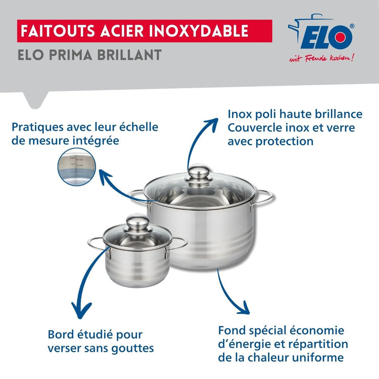 Ensemble de 2 Poêles de cuisson 28 et 32 cm et 2 faitouts 14 et 24 cm Elo Profi Brillant
