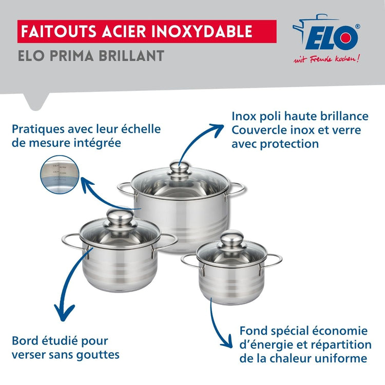 Ensemble de 2 Poêles de cuisson 28 et 32 cm et 3 faitouts 14, 16 et 20 cm Elo Profi Brillant