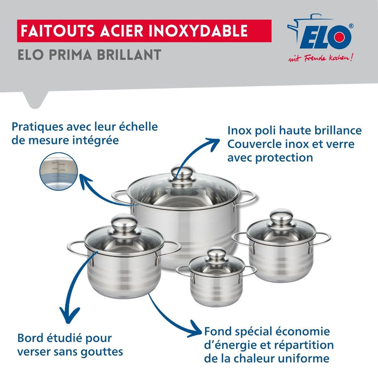 Ensemble de 3 Poêles de cuisson 24, 28 et 32 cm et 4 faitouts 12, 14, 16 et 24 cm Elo Profi Brillant