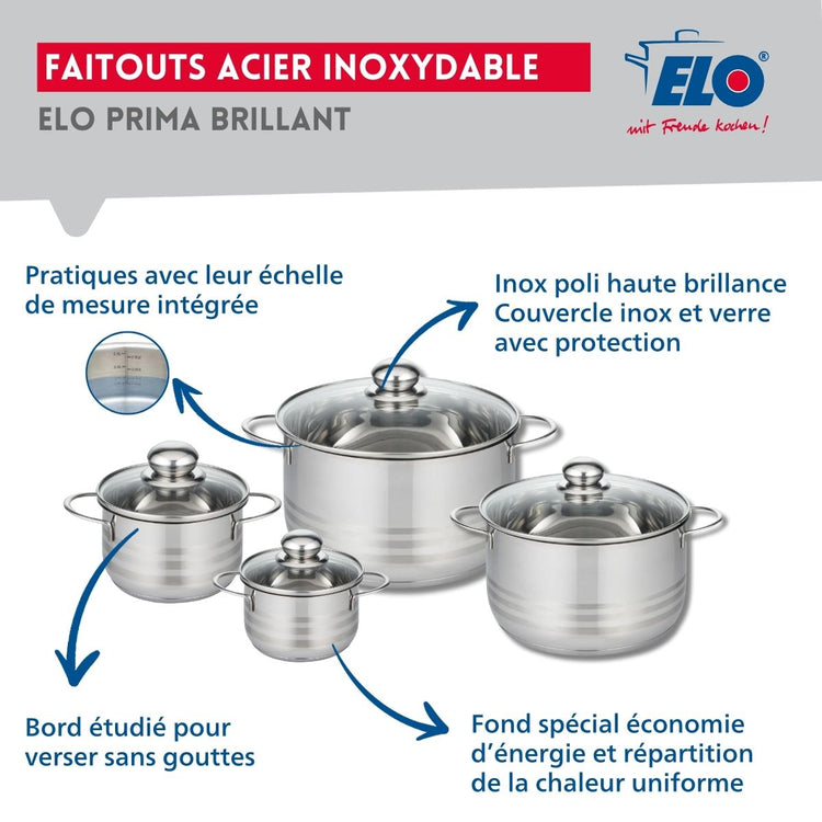 Ensemble de 3 Poêles de cuisson 24, 28 et 32 cm et 4 faitouts 12, 14, 20 et 24 cm Elo Profi Brillant