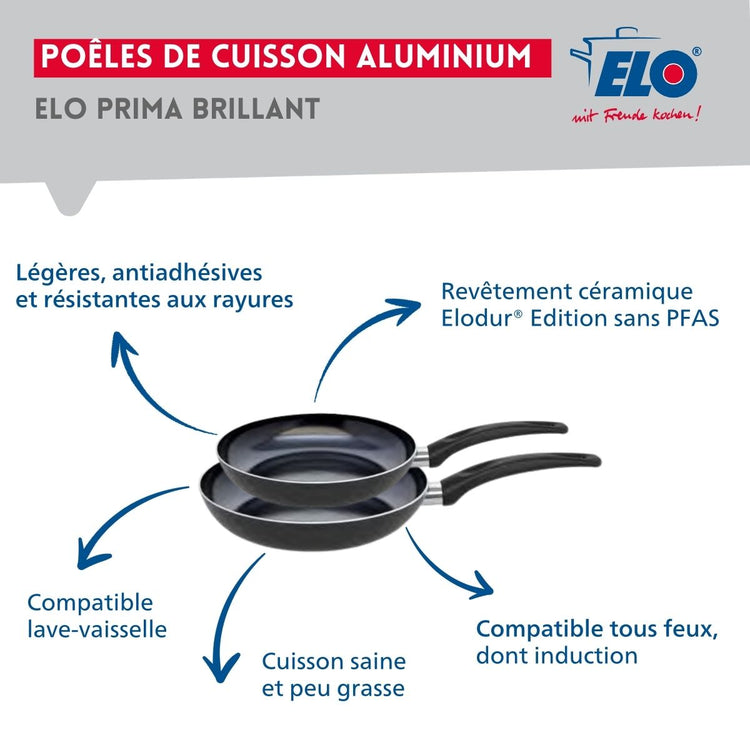 Ensemble de 2 Poêles de cuisson 20 et 24 cm et 3 faitouts 12, 14 et 24 cm Elo Prima Brillant