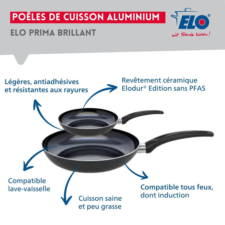 Ensemble de 2 Poêles de cuisson 20 et 32 cm et 3 faitouts 12, 14 et 24 cm Elo Prima Brillant