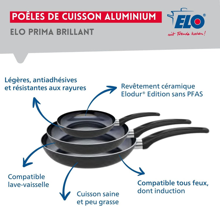 Ensemble de 3 Poêles de cuisson 20, 28 et 32 cm et 3 faitouts 12, 14 et 24 cm Elo Prima Brillant