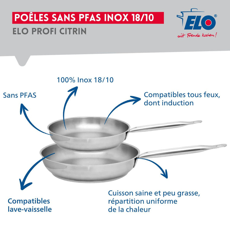 Ensemble de 2 Poêles de cuisson 24 et 28 cm et 3 faitouts 16, 20 et 24 cm Elo Profi Brillant