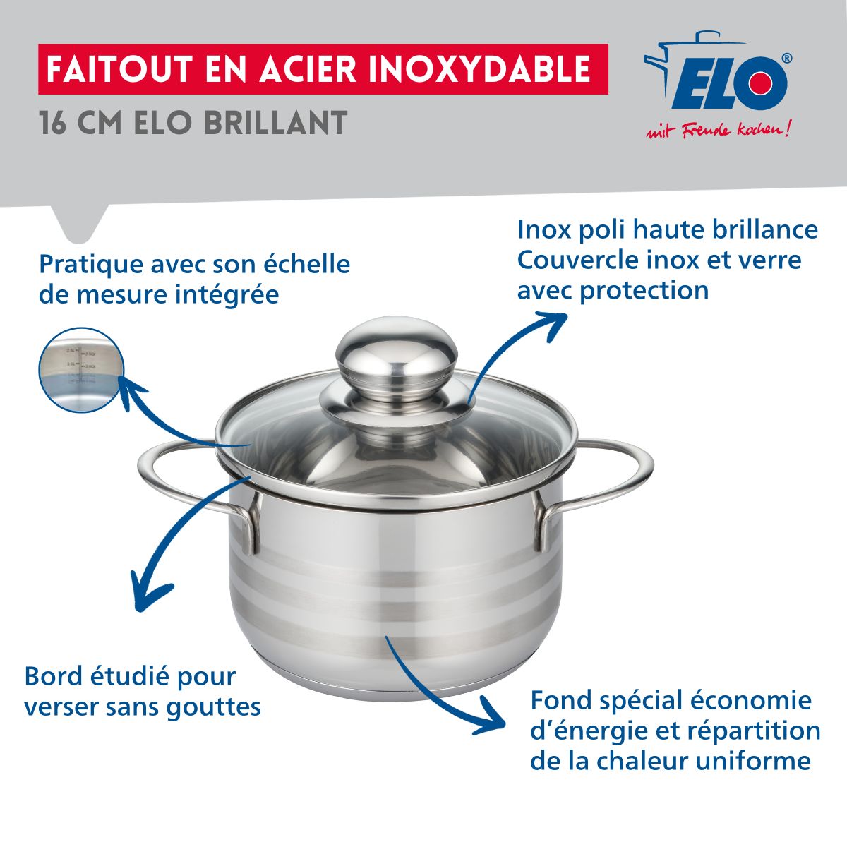 Faitout haut en acier inoxydable sans PFAS 16 cm Elo Brillant 