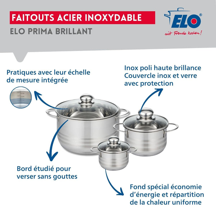 Ensemble de 2 Poêles de cuisson 24 et 32 cm et 3 faitouts 12, 16 et 24 cm Elo Profi Brillant