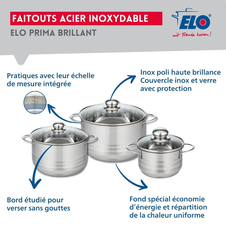 Ensemble de 2 Poêles de cuisson 24 et 32 cm et 3 faitouts 16, 20 et 24 cm Elo Profi Brillant