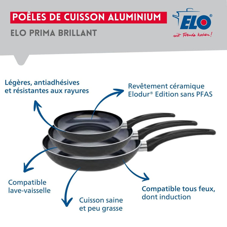 Ensemble de 3 Poêles de cuisson 24, 28 et 32 cm et 1 faitout 14 cm Elo Prima Brillant
