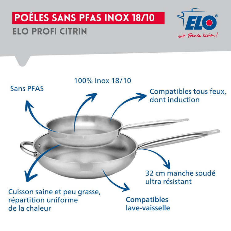 Ensemble de 2 Poêles de cuisson 24 et 32 cm et 5 faitouts 12, 14, 16, 20 et 24 cm Elo Profi Brillant