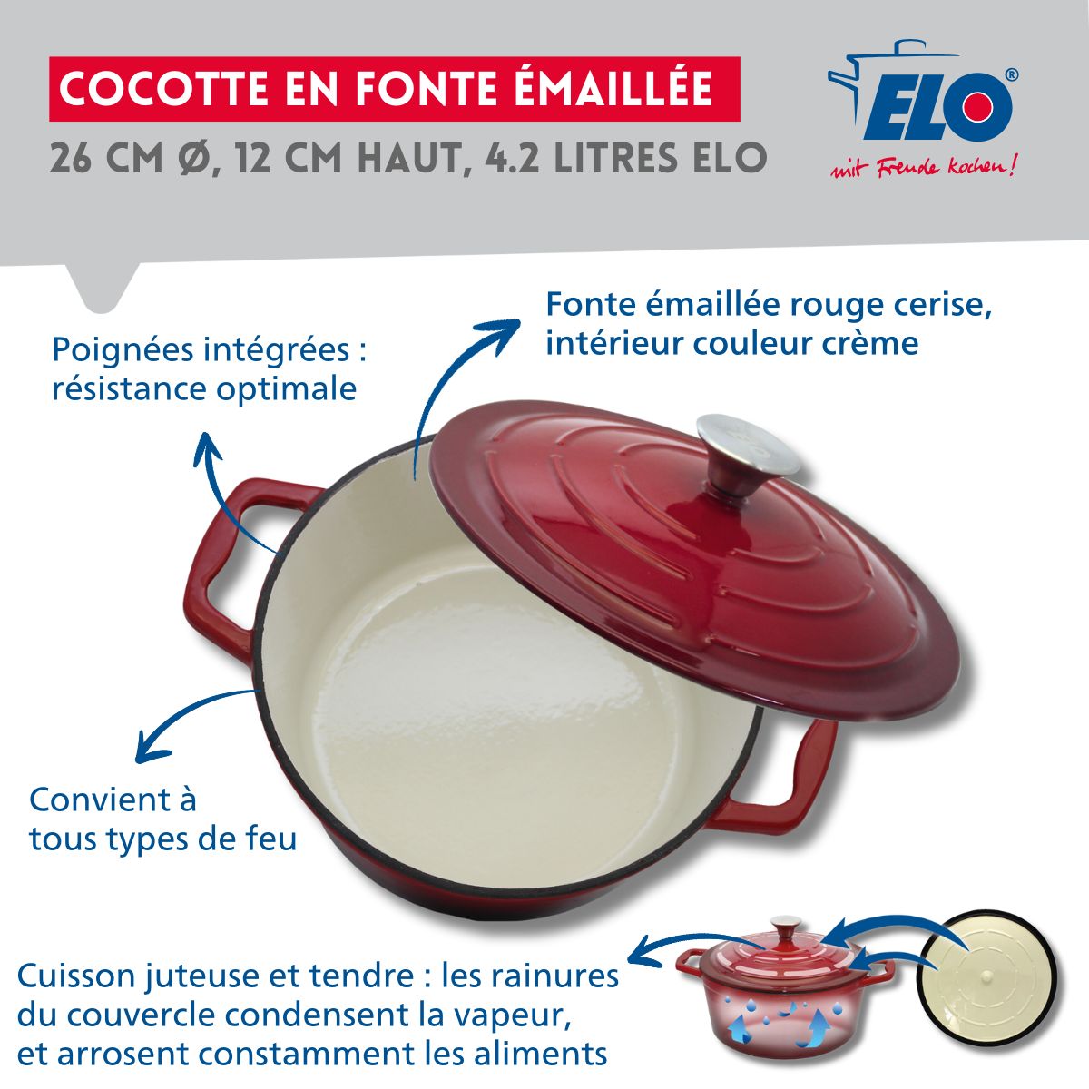 Cocotte en fonte émaillée rouge cerise 26 cm 4.5 L Elo