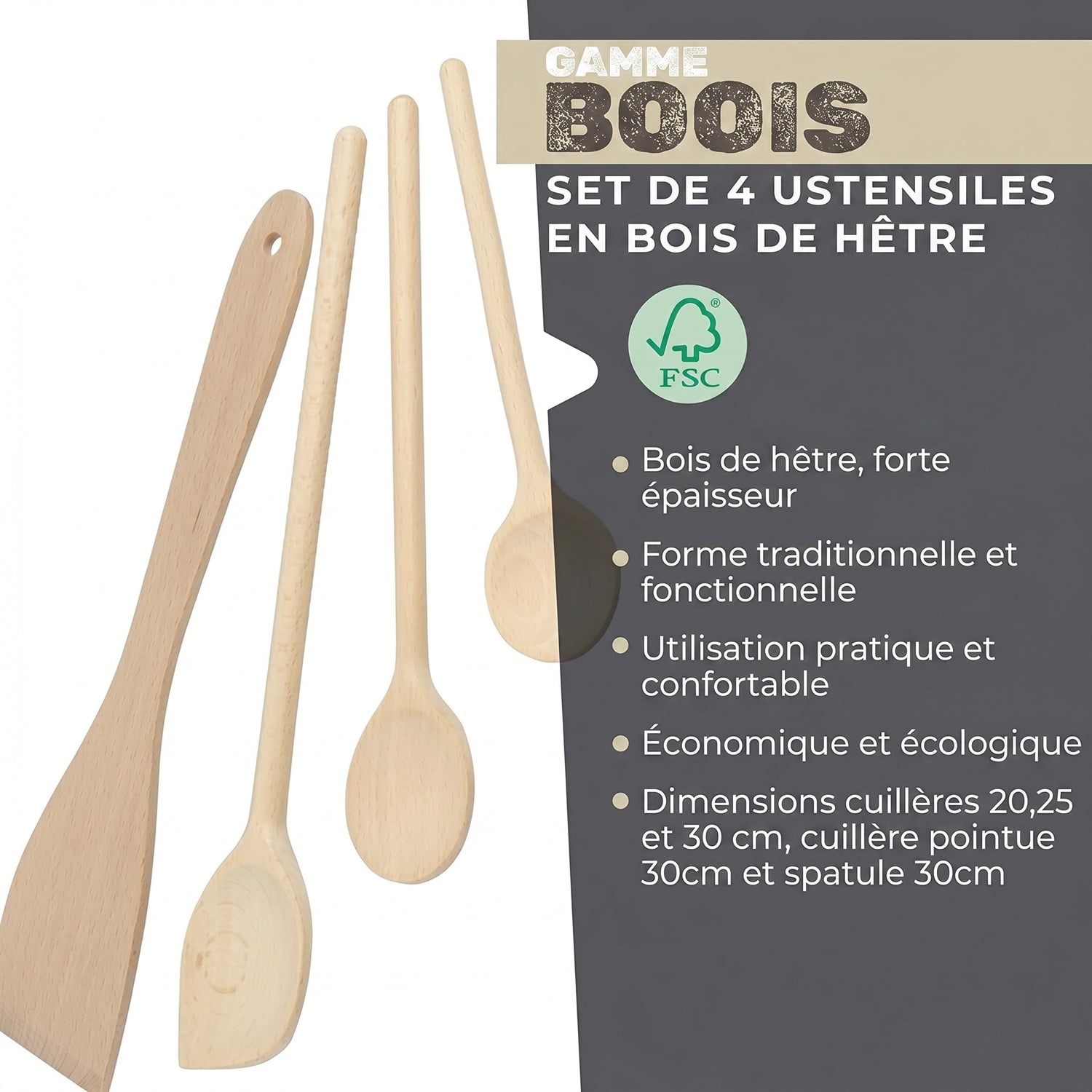 Set de 4 ustensiles de cuisine en bois FSC Fackelmann Eco Friendly