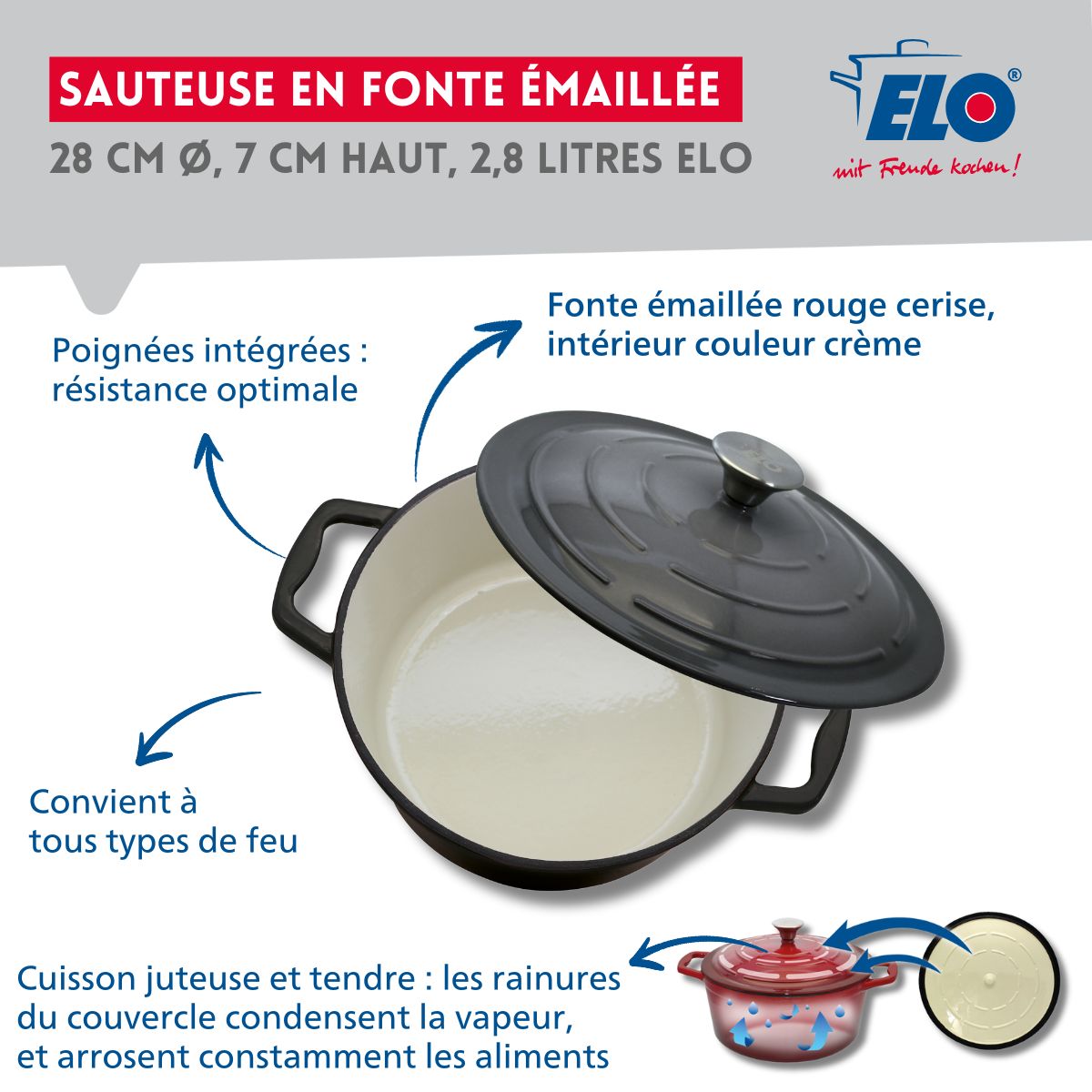 Cocotte en fonte émaillée basse gris classique 28 cm 3L Elo