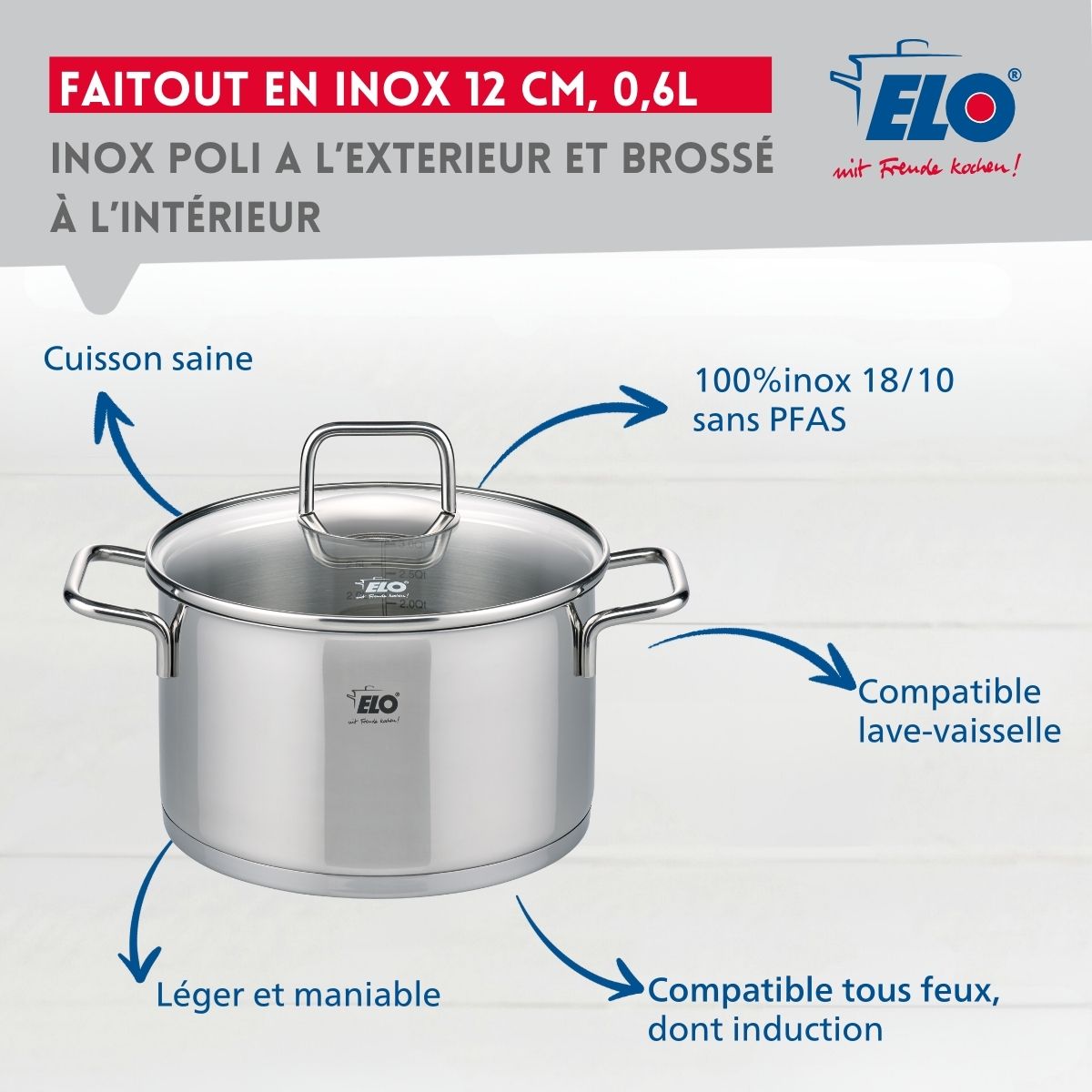 Marmite inox avec couvercle en verre 12 cm de diamètre d'une capacité de 0,6 litre Elo Citrin