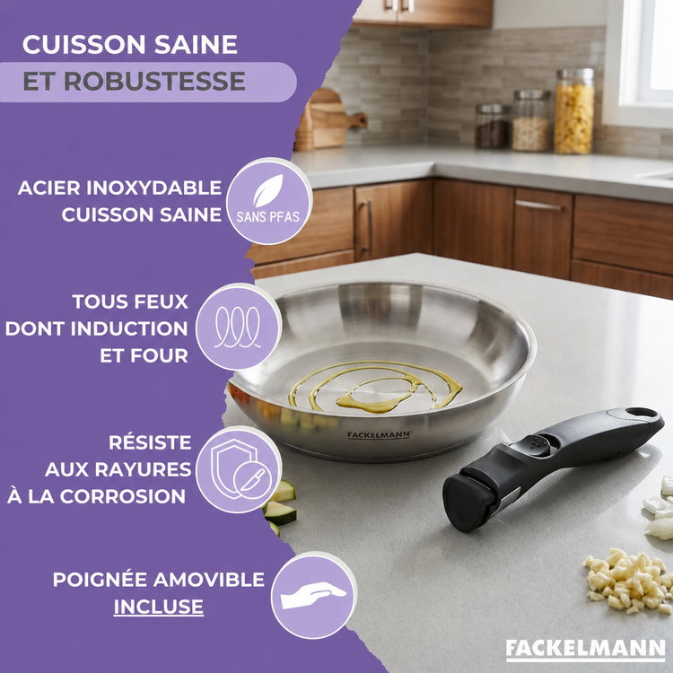 Lot de 2 poêles en inox de 20 cm et 28 cm avec manche amovible Fackelmann InoGrip