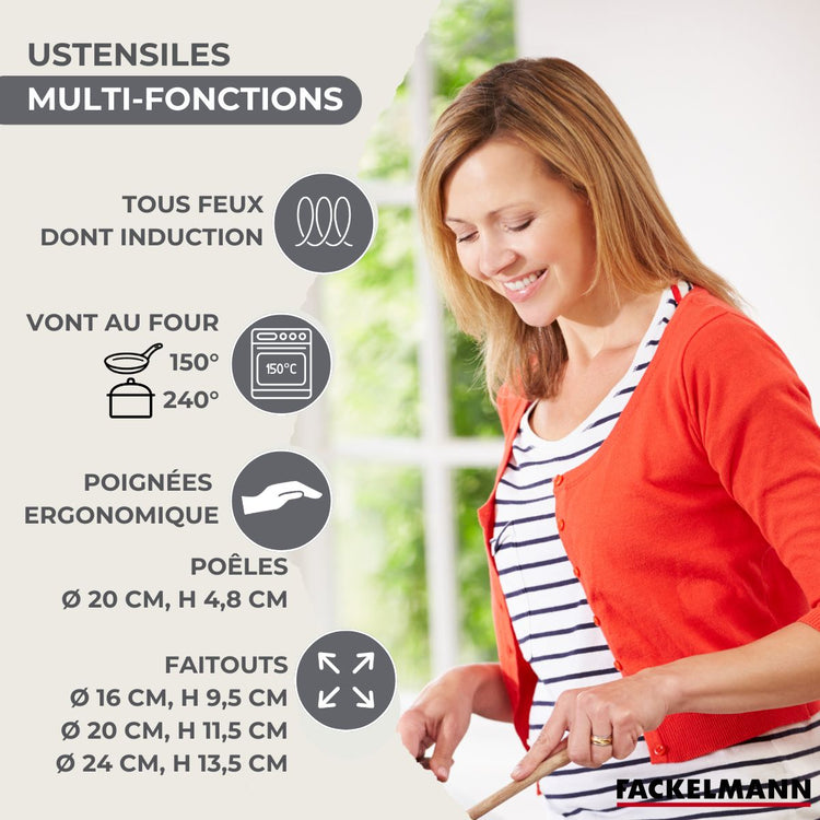 Batterie de cuisine avec 3 faitouts 16/20/24 cm et 1 poêle 20 cm avec 6 ustensiles de cuisine Fackelmann Généva Brillant Vario avec couvercles