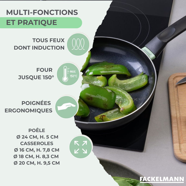 Batterie de cuisine avec 1 poêle 24 cm et 3 casseroles 16/18/20 cm et 5 ustensiles de cuisine Fackelmann Brandao Vario