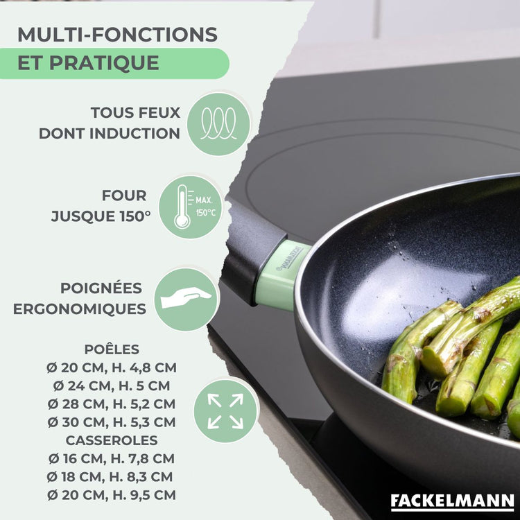 Lot de 4 poêles 20/24/28/30 cm et 3 casseroles 16/18/20 cm Fackelmann Brandao avec 5 ustensiles de cuisine