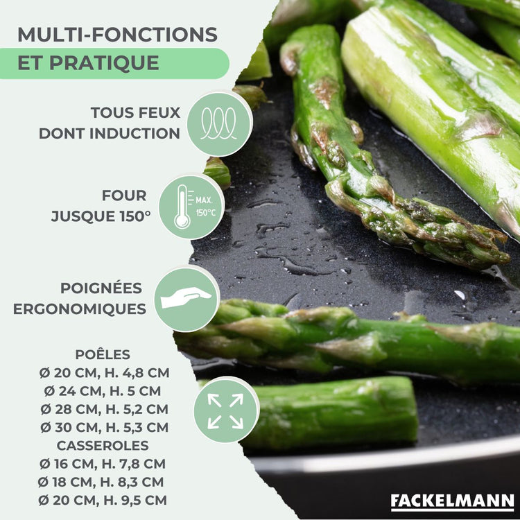 Ensemble de 4 poêles de 20, 24, 28 et 30 cm et 3 casseroles 16, 18 et 20 cm Fackelmann Brandao