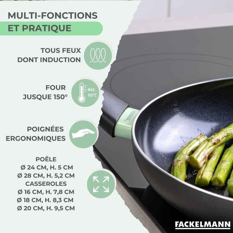 Set de 2 poêles 24 et 28 cm et 3 casseroles 16, 18 et 20 cm céramique et 6 ustensiles Fackelmann Brandao