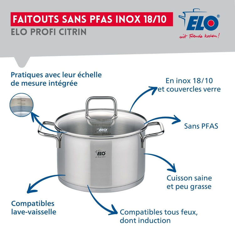 Set de 2 Poêles de cuisson 24 et 28 cm et 1 faitout 16 cm Elo Profi Citrin