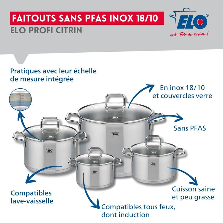 Ensemble de 1 Poêle de cuisson 24 cm et 4 faitouts 14, 16, 20 et 26 cm Elo Profi Citrin